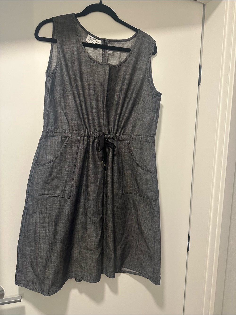 Sleeveless Drawstring Pocket Chambray Mini Dress - Gray